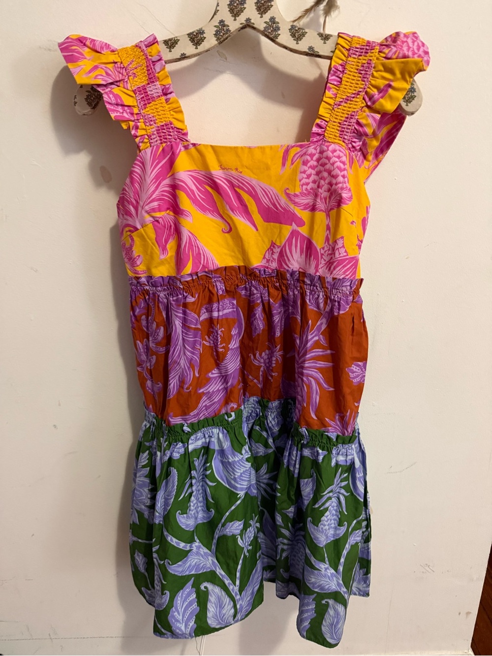 NWT Farm Rio Mixed Tropical Pineapple Toucan Tiered Cotton Maxi Dress S